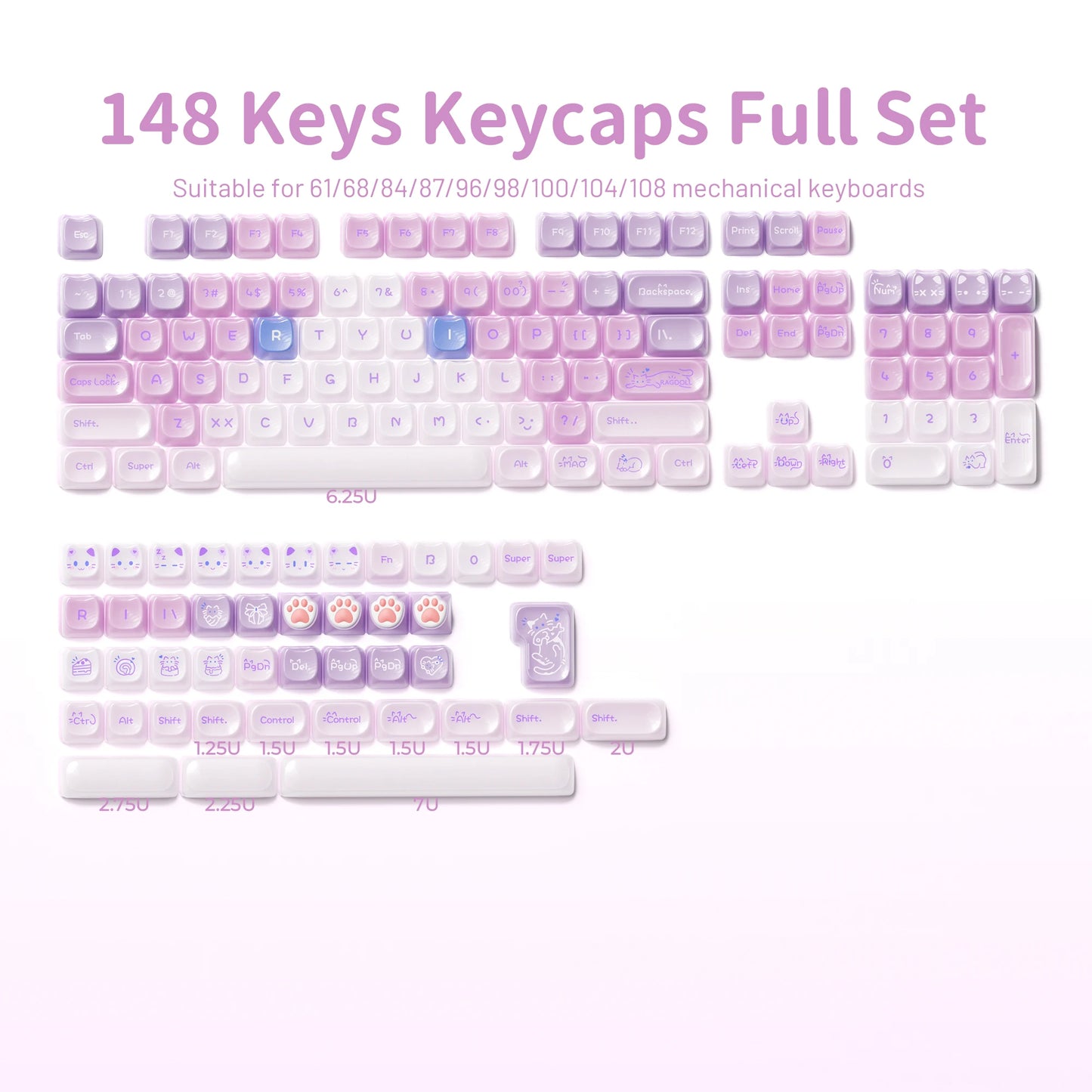 Keycaps XVX 148 Teclas Tema Gato Perfil MAO Keycap Coreana Brilhante e Fofa para Teclado 61 64 68 78 87 96 98 104 108