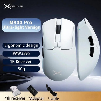Delux M900PRO Versione ultraleggera Mouse gaming wireless ergonomico 1K/8K Polling Rate 50g PAW3395 per gamer PC destrorsi con mano grande