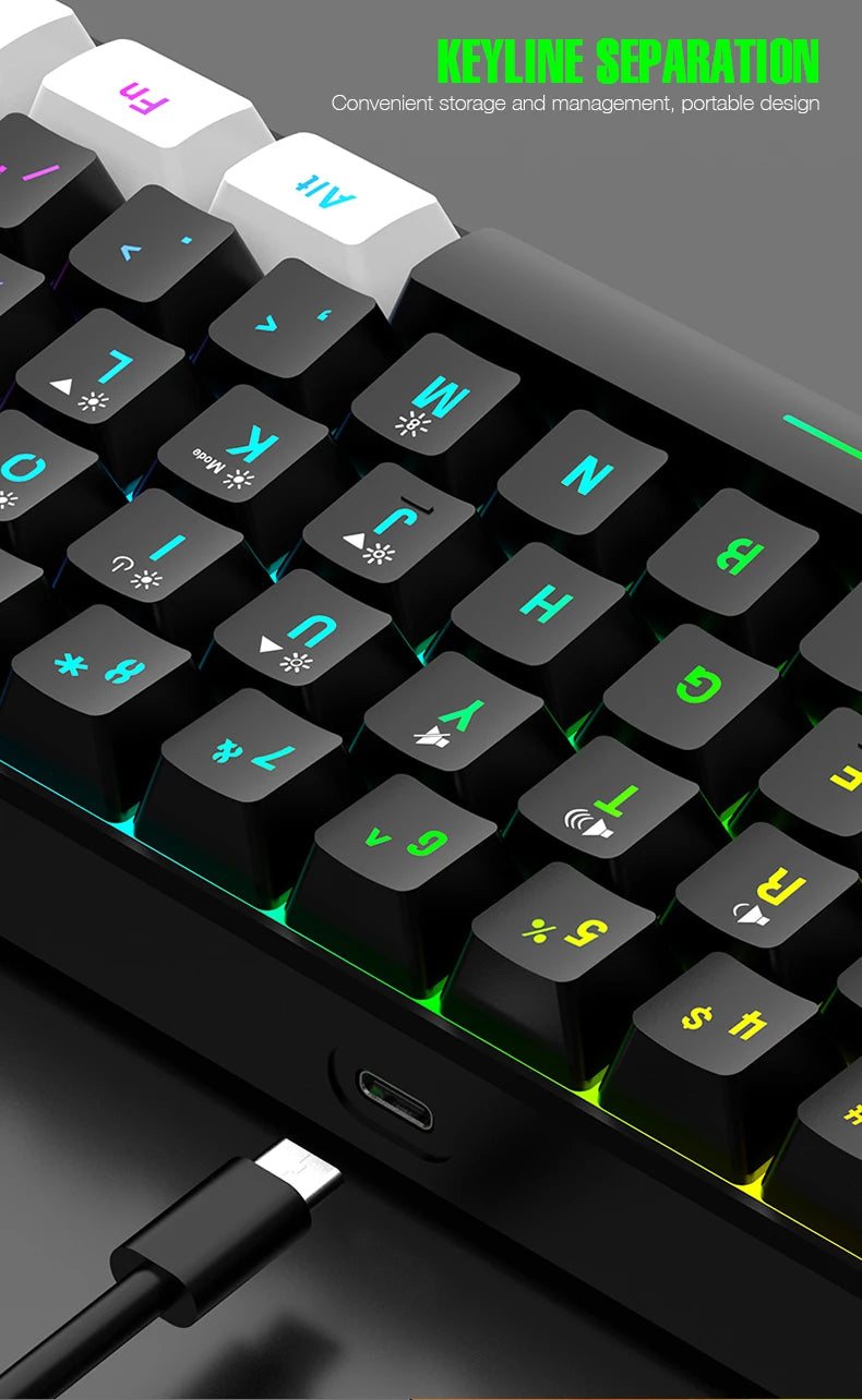 Wasserdichte mechanische 61-Tasten-Tastatur mit Kabel in Weiß, mit schwarzen und blauen Switches, RGB-beleuchtet – Gaming- und Office-Set, PUBG Gamer Backlit