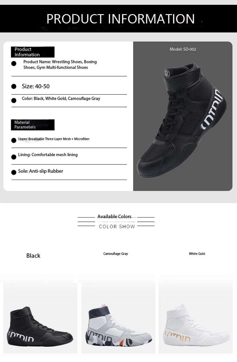 New Men's Large Wrestling Shoes Mesh Breathable Boxing Shoes Anti-Slip Wear-Resistant Sneakers Fashionable Casual High Sport Shoes