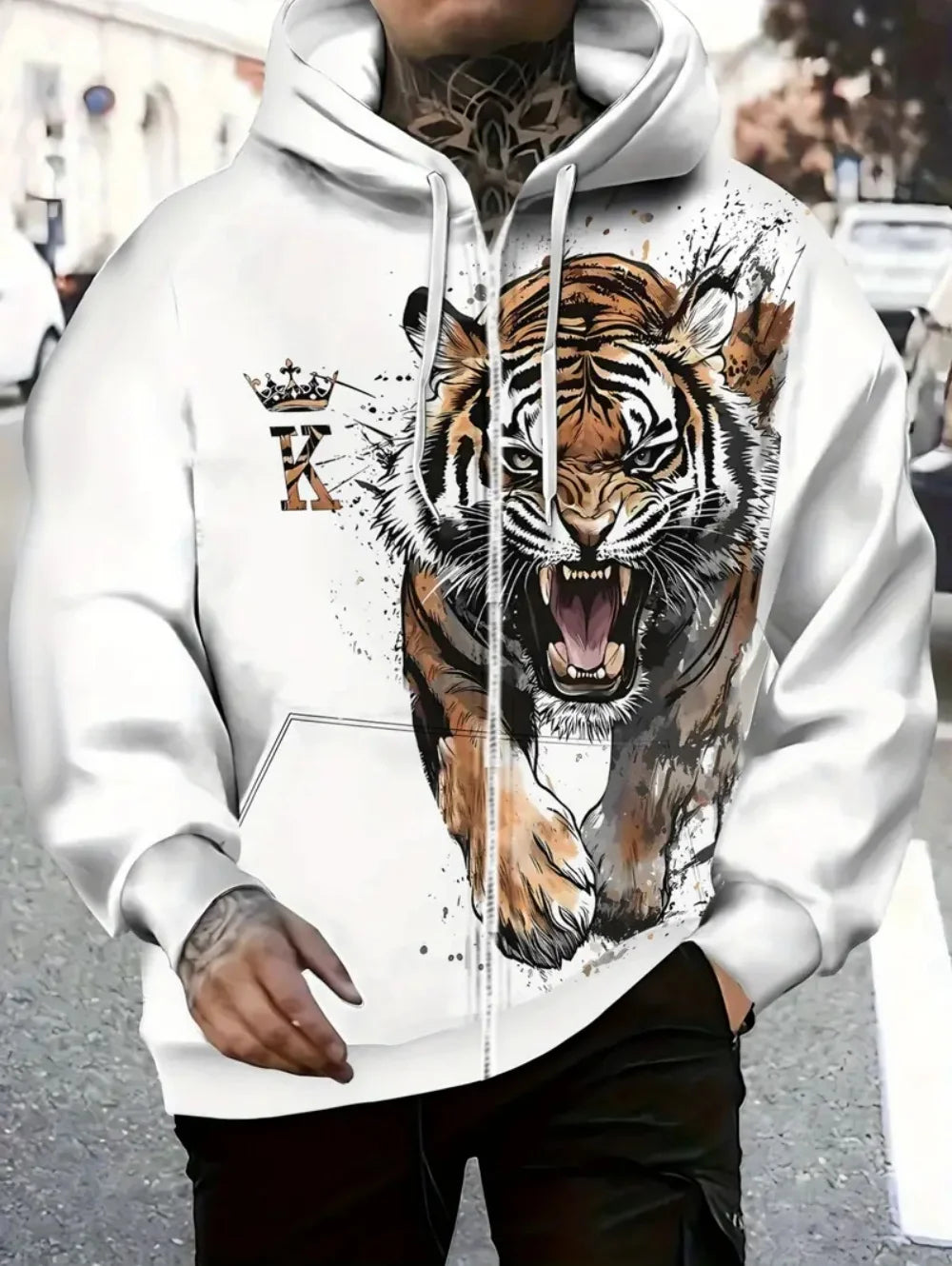 2025 Men's Long Sleeve Zip-up Tiger Graphic Hoodie Casual Outdoor Fashion Coat with Drawstring and Pockets Zip-up Hoodie for Men