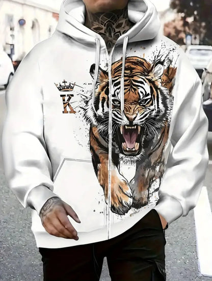 2025 Men's Long Sleeve Zip-up Tiger Graphic Hoodie Casual Outdoor Fashion Coat with Drawstring and Pockets Zip-up Hoodie for Men