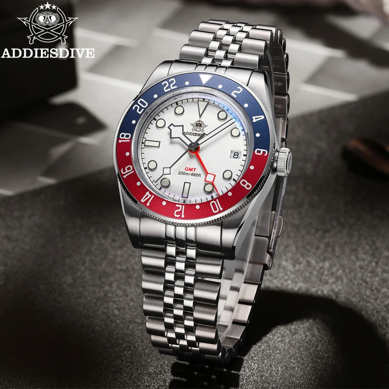 ADDIESDIVE Luxury GMT Men's Diving Watch 200m Waterproof Bubble Mirror Glass Quartz Watch BGW9 Blue Luminous Sports Watch AD2044