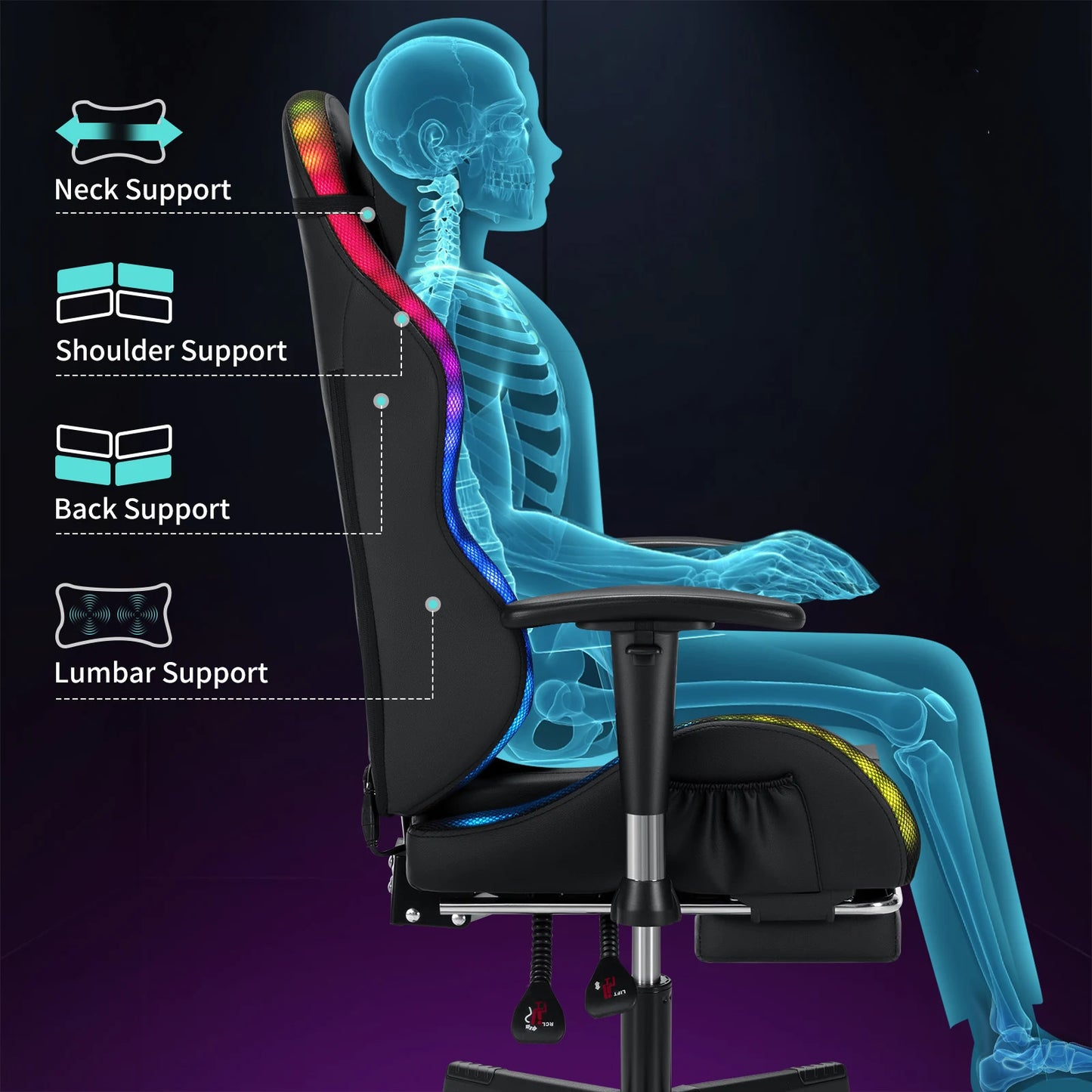 LED Gaming Chair for Children 8-15 Years, Adjustable Gamer Chair with LED Lighting, Footrest & Lumbar Support, Ergonomic PC Chair