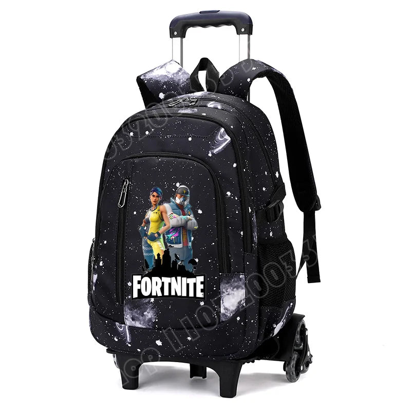 Mochila trolley 2 en 1 Fortnite con estampado de cielo estrellado, gran capacidad, impermeable, compartimento para portátil, diseño para subir escaleras, mochila escolar para estudiantes
