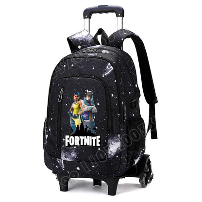 Mochila trolley 2 en 1 Fortnite con estampado de cielo estrellado, gran capacidad, impermeable, compartimento para portátil, diseño para subir escaleras, mochila escolar para estudiantes