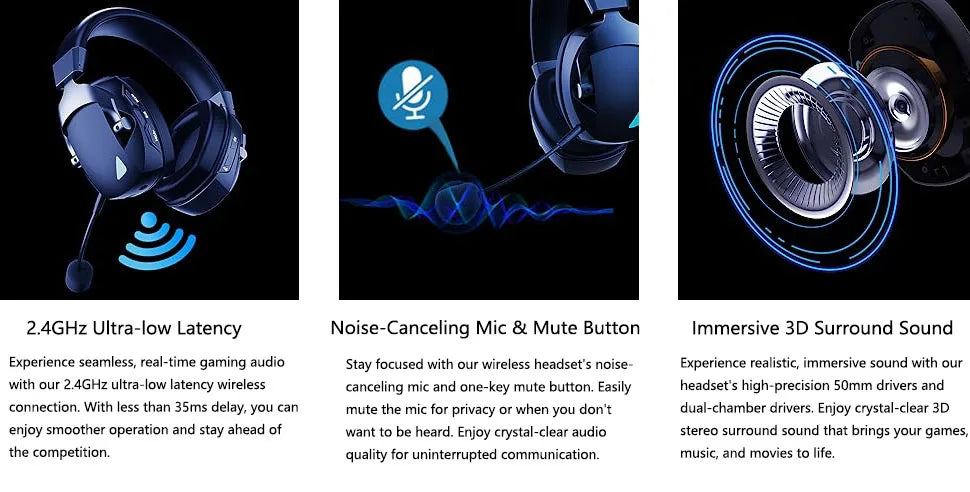 Acinaci 2.4GHz kabelloses Gaming-Headset für PS5 PS4 PC Switch – Bluetooth-Gaming-Kopfhörer mit Mikrofon, tiefem Bass und Ohrpolstern aus Memory-Schaum