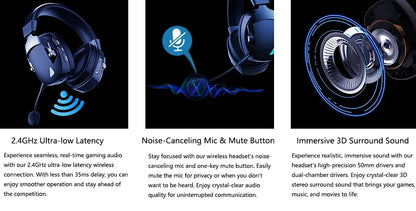 Acinaci 2.4GHz kabelloses Gaming-Headset für PS5 PS4 PC Switch – Bluetooth-Gaming-Kopfhörer mit Mikrofon, tiefem Bass und Ohrpolstern aus Memory-Schaum