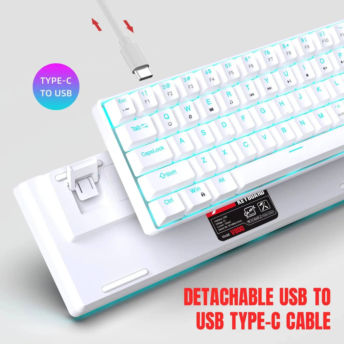Teclado mecánico gaming 60% USB con teclas blancas, mini teclado gamer ergonómico para ordenador con retroiluminación y música