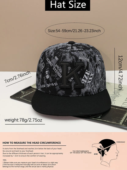 1pc K letter embroidered hip-hop baseball cap with sun visor and flat brim cap