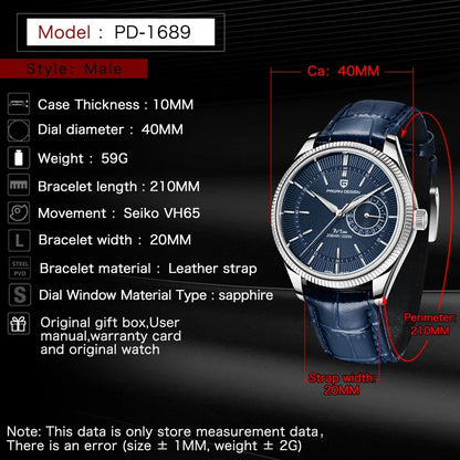 PAGANI Design PD1689 Men's Quartz Watch Japan VH65 Movement Sapphire Glass Leather Strap 20Bar Waterproof Men's Wristwatch