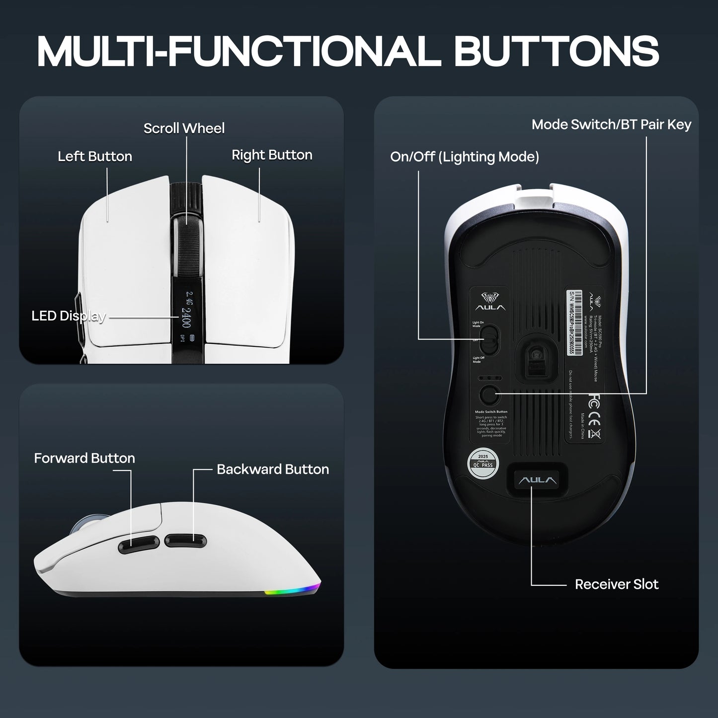 AULA SC590 PRO Wired/Bluetooth/2.4GHz Wireless Gaming Mouse 20000 DPI & PAW3311 Sensor with 1000 Polling Rate for Win/Mac/Gaming