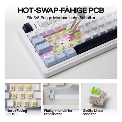 Teclado mecânico sem fios EPOMAKER x AULA F75 ISO-DE com conectividade tri-modo, layout alemão QWERTZ e bateria de 4000 mAh