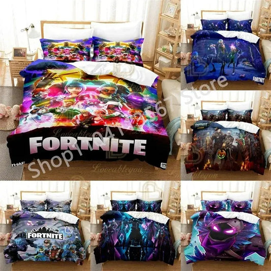 F-Fortnite 3PCS Bedding Set Battle Royale Kids Duvet Cover Quilt Pillowcase Double Size Victory Game Bedroom Linen Decoration