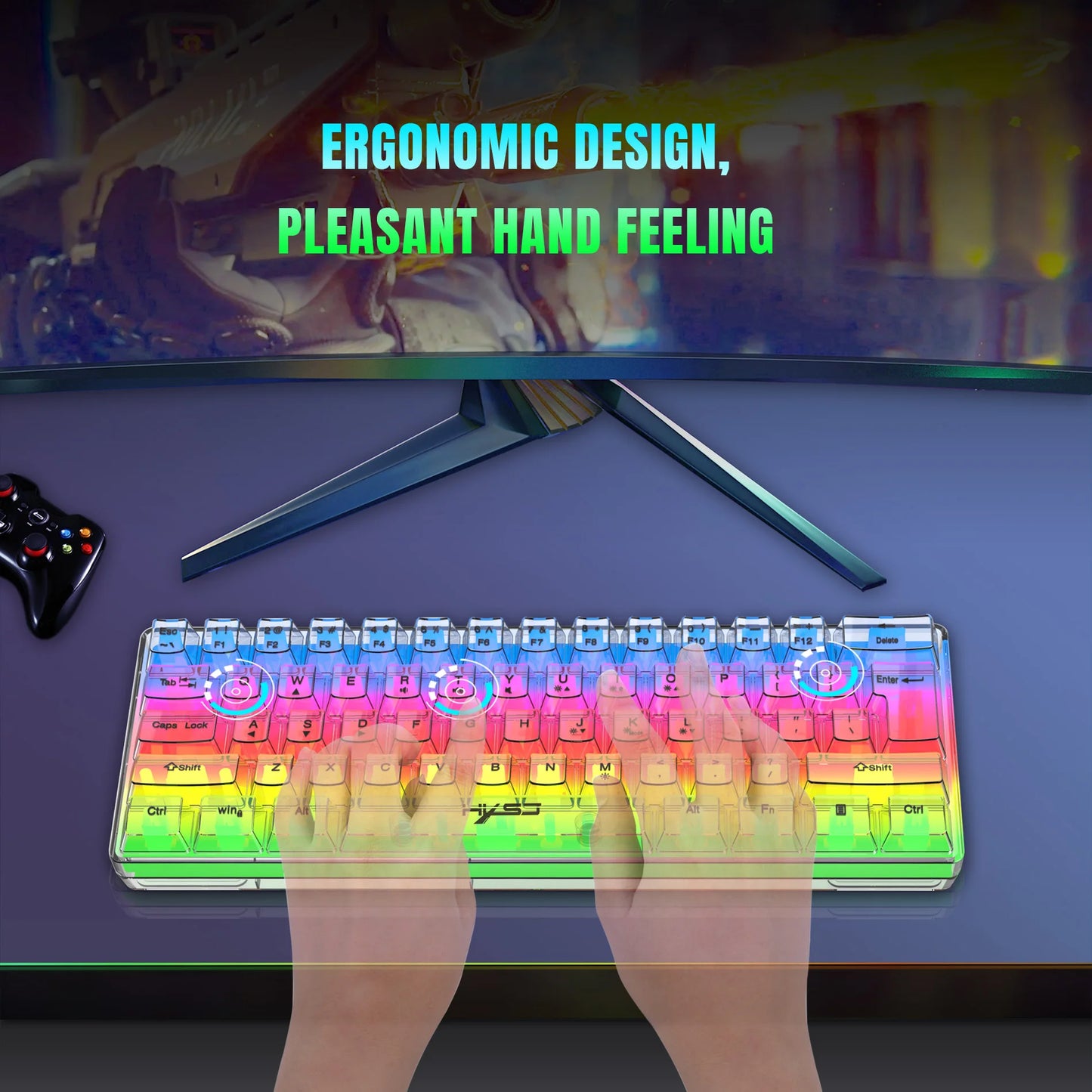 Tastiera gaming trasparente cablata HXSJ 60%, retroilluminazione RGB, ultra-compatta, impermeabile, 61 tasti, per PC/Mac