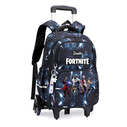 Fortnite-Trolleytasche – leichtes Treppensteigen, Anime-Design, wasserfester Rucksack mit Rollen, großes Fassungsvermögen, Schultasche für Schüler, lässige Reisetasche