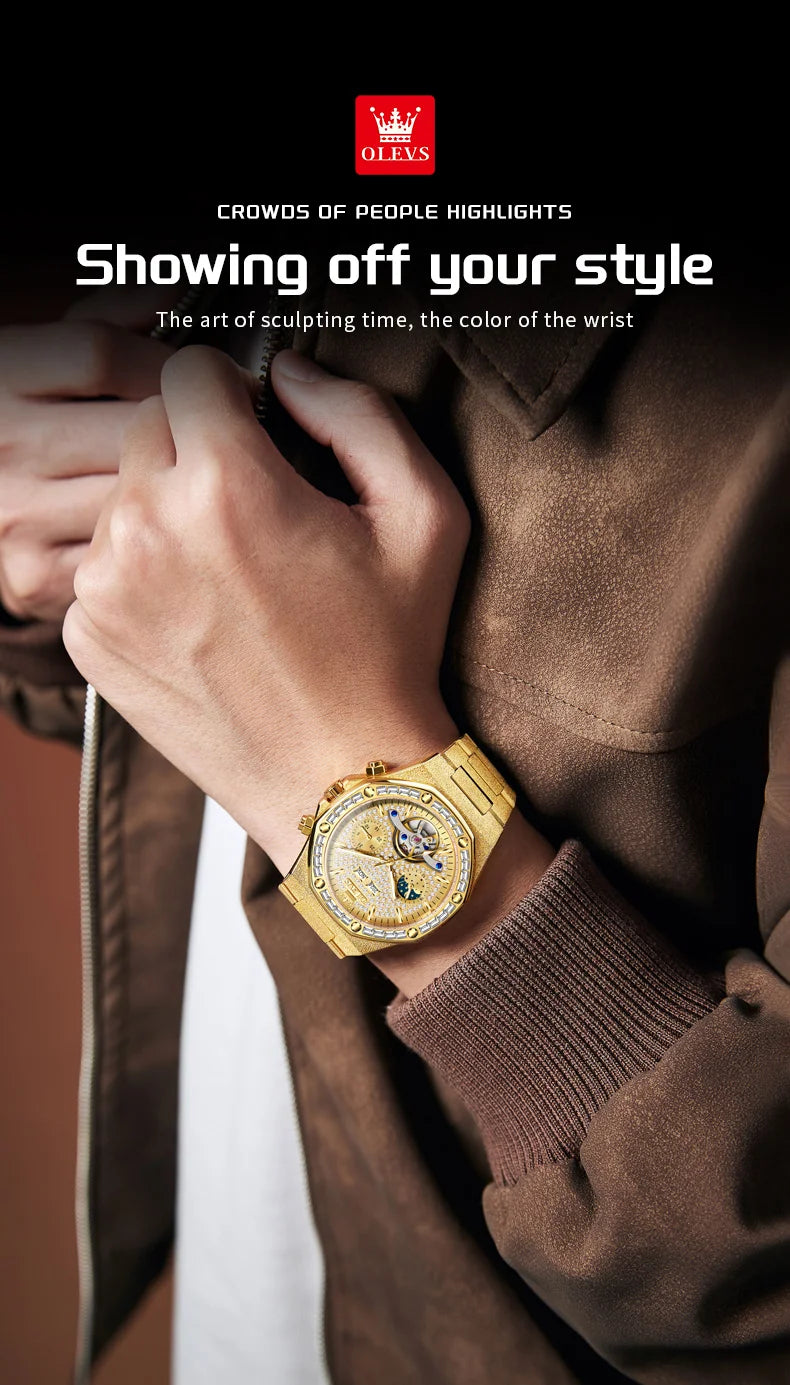 OLEVS Gold Steel Mens Watches Top Brand Automatic Mechanical Luxury Watch Sport Waterproof Tourbillon Wrist Watch Reloj Hombre