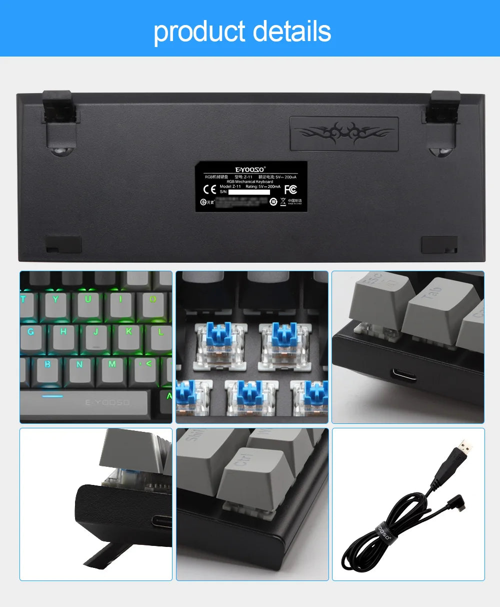 E-YOOSO Z11 RGB USB 60% Mini Mechanical Gaming Keyboard Blue Red Switch 61 Keys Wired Detachable Cable, Portable for Travel PC