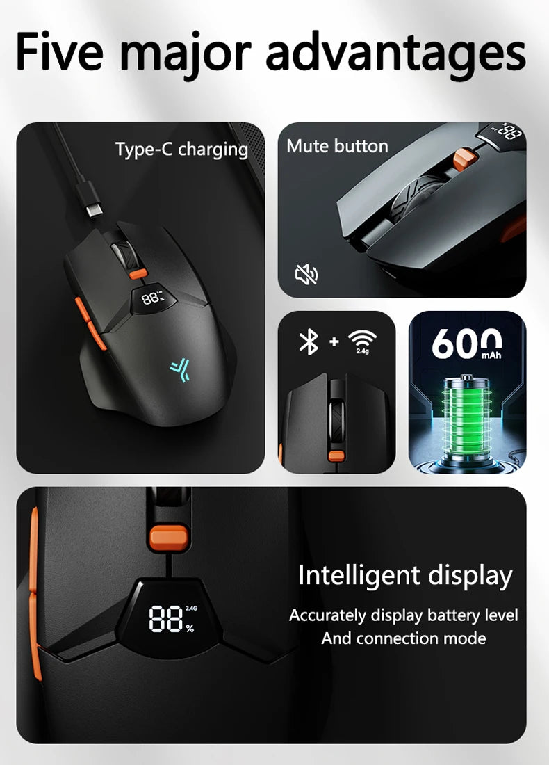 Warvank SX01 kabellose Gaming-Maus mit Smart-Screen-Display, 6-stufiger DPI-Einstellung, 600mAh Akku, leise Bluetooth-Maus fürs Büro