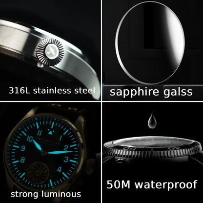 Hruodland Pilot St3620 Retro Men's Manual Mechanical Watch Luxury Sapphire Bgw-9 Night Light Turbine Waterproof 5Bar Reloj Hombr