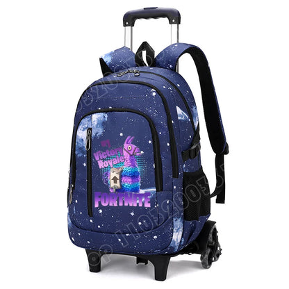 Mochila trolley 2 en 1 Fortnite con estampado de cielo estrellado, gran capacidad, impermeable, compartimento para portátil, diseño para subir escaleras, mochila escolar para estudiantes