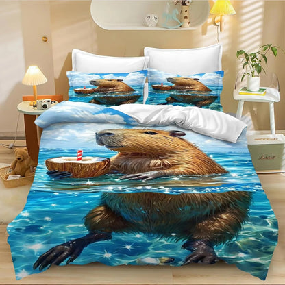 4-teiliges Cartoon-Capybara-Bettwäsche-Set mit Bettbezug und Kissenbezug, Capybara-Bettwäsche für Erwachsene, Jungen und Mädchen, Schlafzimmerdekoration für Kinder, Einzel- und Doppelgröße