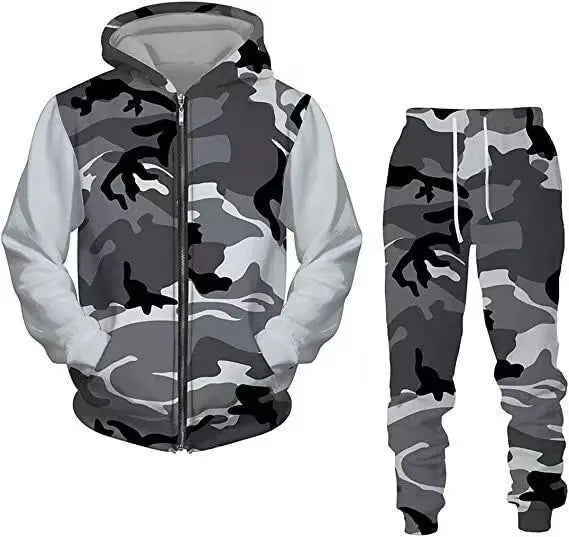 New 3D printed long sleeved hooded sweatshirt set for spring and autumn men's sportswear zipper sweatshirt