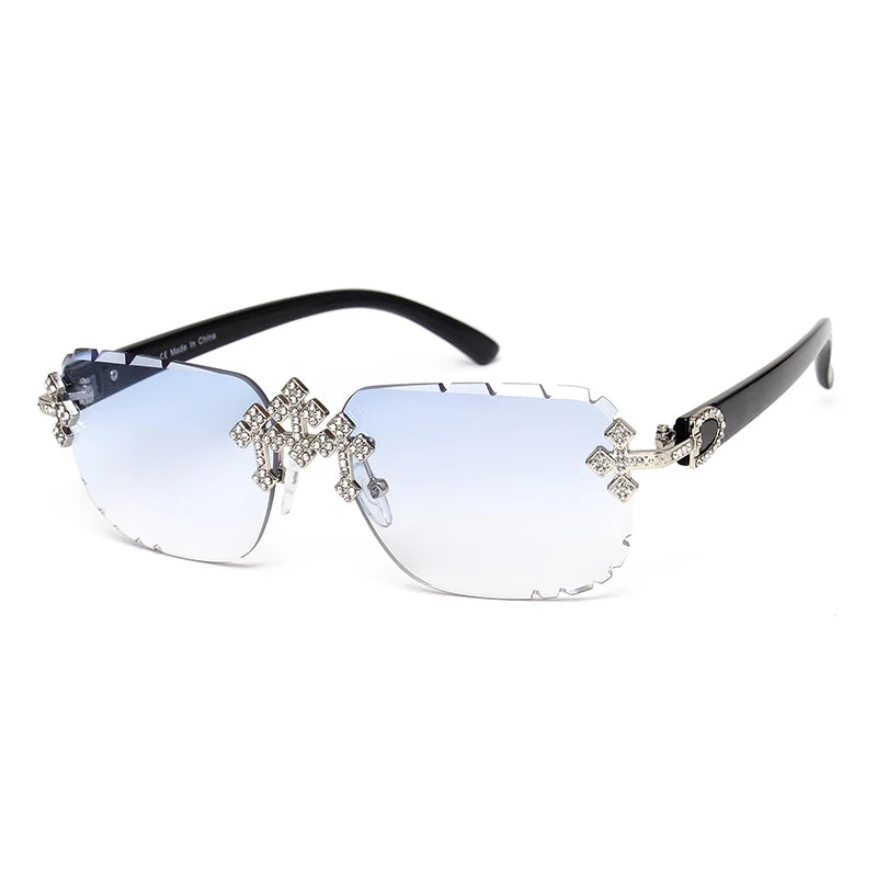 2025 Fashion Square Rimless Sunglasses For Women Cross Diamond Metal Frame Luxury Eyewear Cut Lens UV400 Shades Sun Glasses