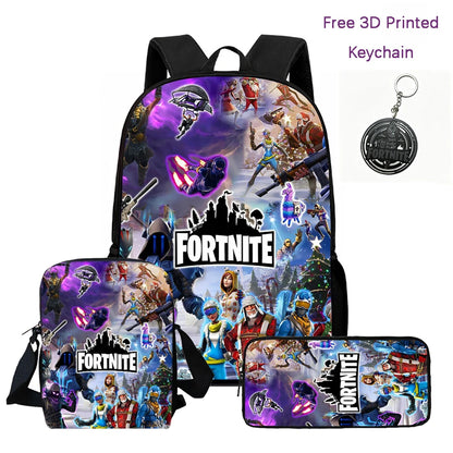 3-teiliges Kinder-Rucksack-Set, Umhängetasche & Federmäppchen, FORTNITE-Cartoon-Tasche, leicht, für Jungen und Mädchen von 6-10, kostenloser 3D-gedruckter Schlüsselanhänger