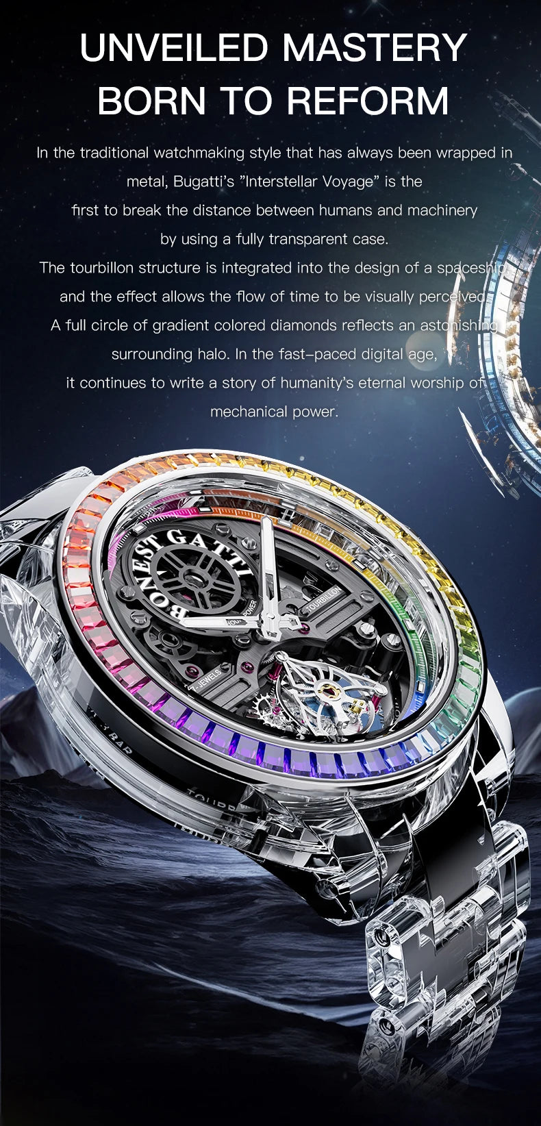 BONEST GATTI luxury Full Skeleton Automatic Mechanical Watch Sapphire Back 48 Rainbow Diamonds Luminous Luxury Wristwatch Men