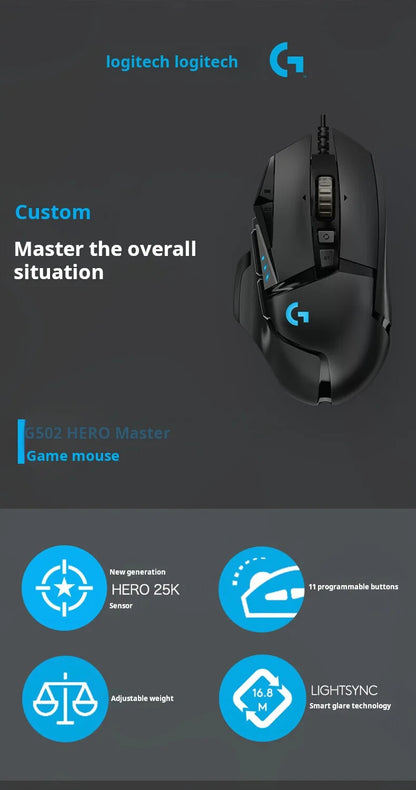 Mouse da gaming con cavo Logitech G502 HERO E-Sports, mouse meccanico RGB con bilanciamento regolabile, macro programmabili per Battle Royale