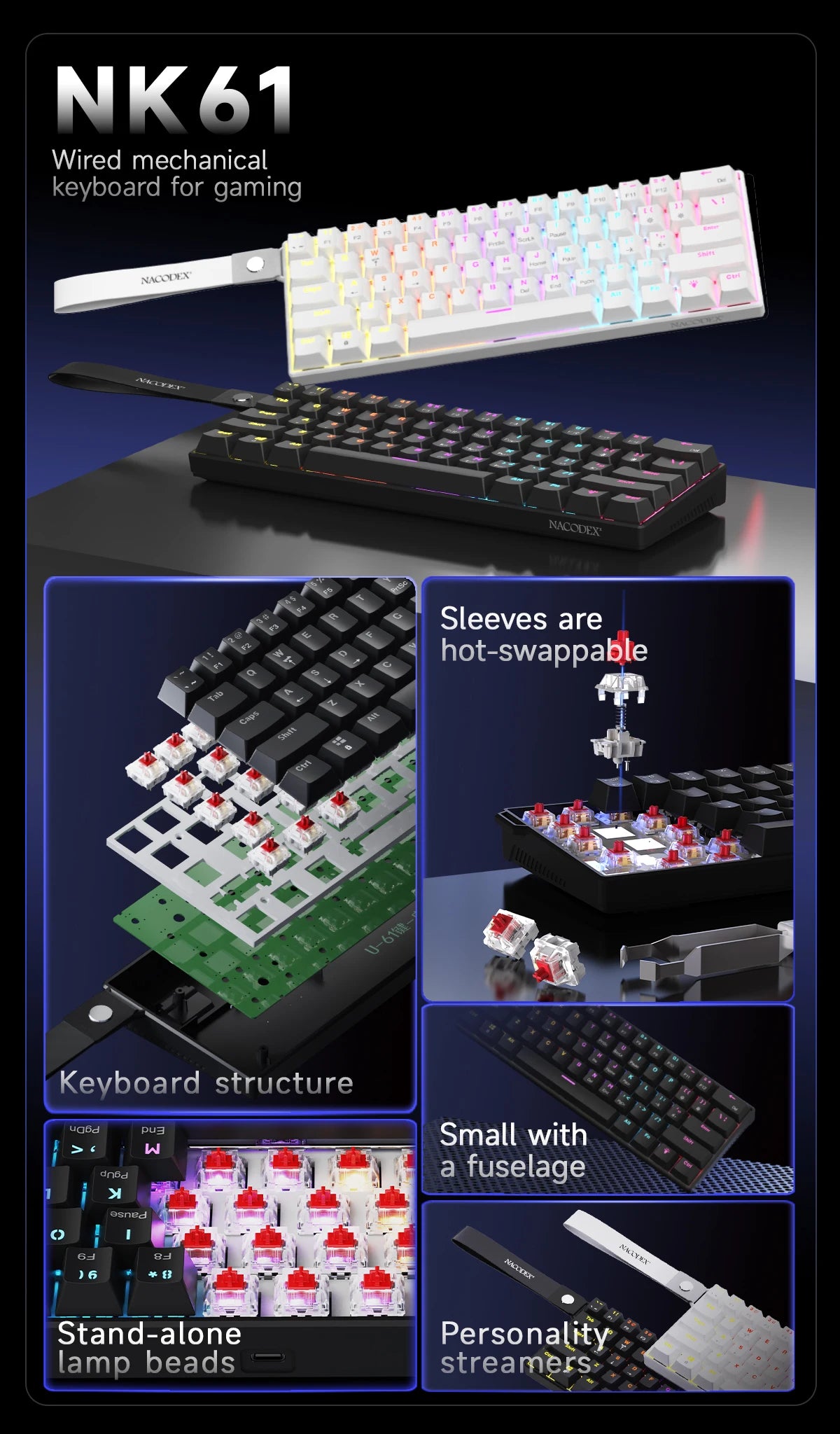 Ajazz NK61 Wired Mechanical Gaming Keyboard with full-key hot-swappable switches RGB lighting effects 61 keys red switches
