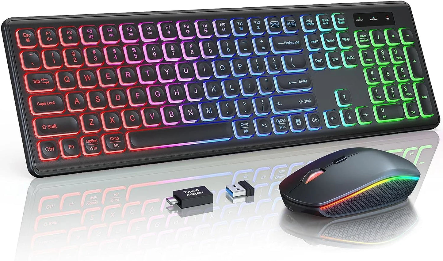 Combo de teclado y ratón inalámbricos con retroiluminación RGB, letras iluminadas recargables, tamaño completo, ergonómico, modo de suspensión, 2.4GHz