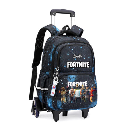 Fortnite-Trolleytasche – leichtes Treppensteigen, Anime-Design, wasserfester Rucksack mit Rollen, großes Fassungsvermögen, Schultasche für Schüler, lässige Reisetasche