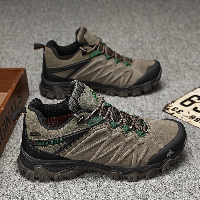 HIKEUP High-Quality Leather Hiking Shoes, Durable Outdoor Sport Men Trekking Leather Shoes, Lace-Up Climbing Hunting Sneakers