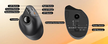ProtoArc EM05NL Wireless Trackball Mouse Rechargeable Bluetooth Ergonomic Vertical Rollerball Mouse for Computer iPad Mac Windows