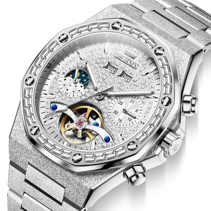 OLEVS Gold Steel Mens Watches Top Brand Automatic Mechanical Luxury Watch Sport Waterproof Tourbillon Wrist Watch Reloj Hombre