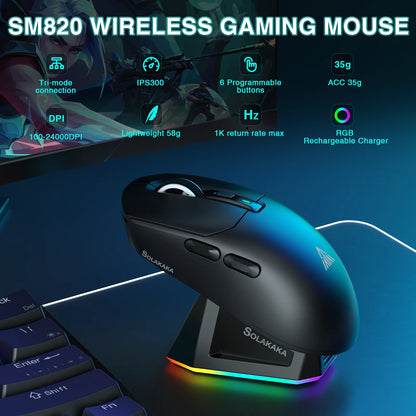 SOLAKAKA SM820 trijų režimų belaidė žaidimų pelė su magnetine įkrovimo stotele, RGB, PAW3311, 24000DPI, belaidė makrokomandų žaidimų pelė, itin lengva