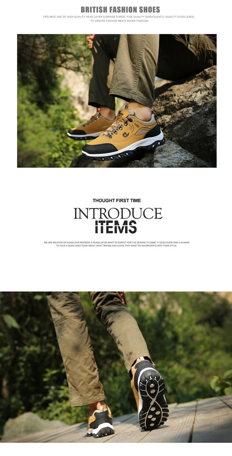 Autumn and Winter Men's Waterproof Hiking Shoes, Outdoor PU Leather Sports Shoes, Wear-Resistant, Walking, Tactical