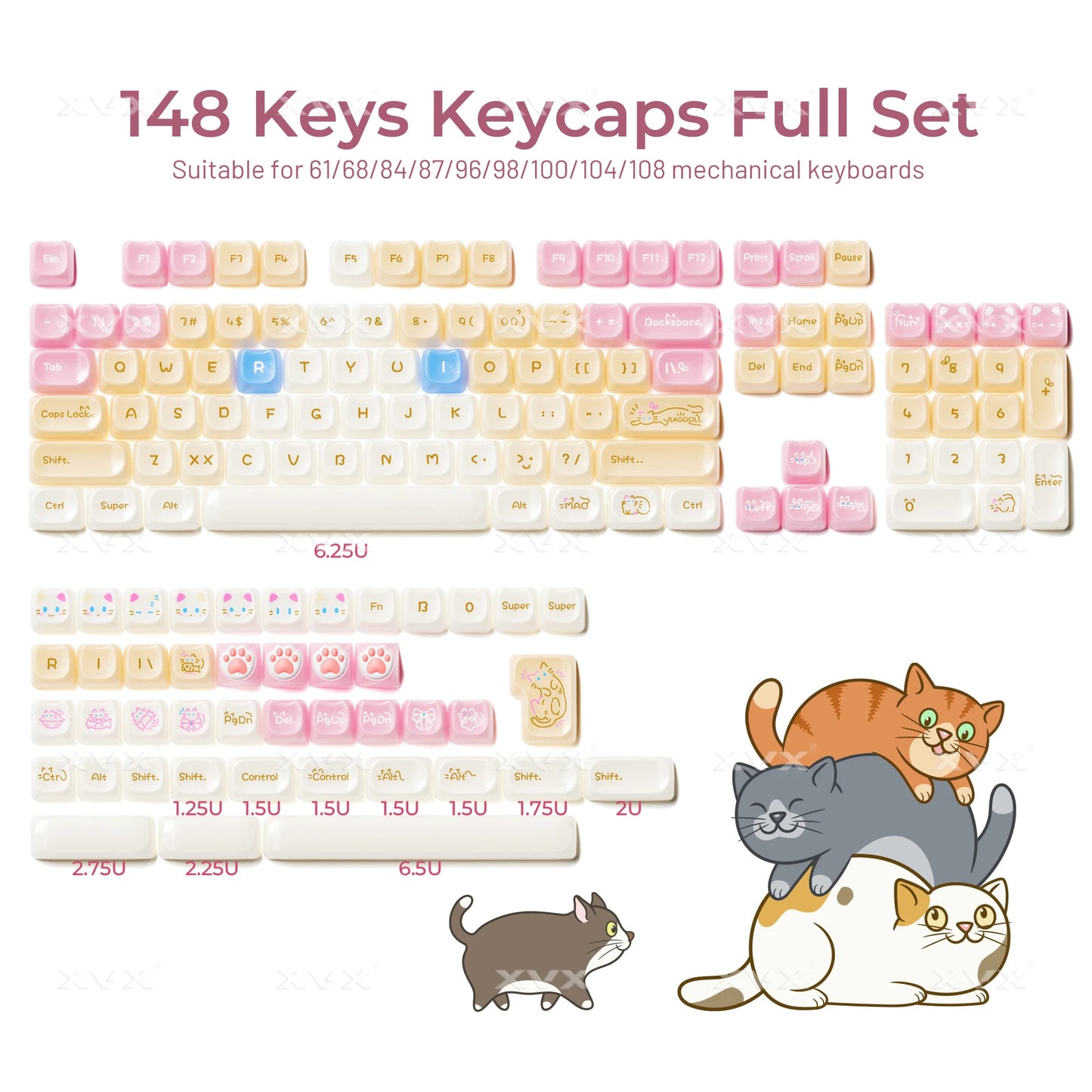 Keycaps XVX 148 Teclas Tema Gato Perfil MAO Keycap Coreana Brilhante e Fofa para Teclado 61 64 68 78 87 96 98 104 108
