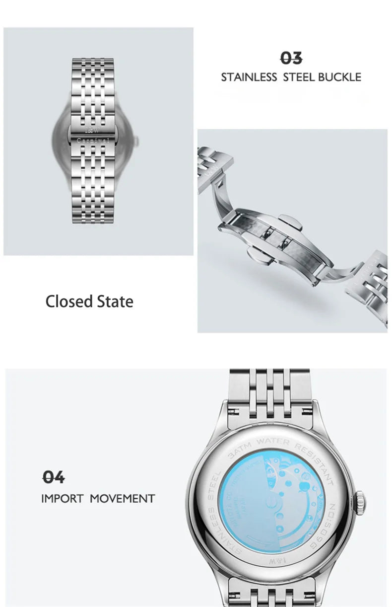 Carnival High-end Series I&W Brand Automatic Mechanical Watches Men Waterproof Watches 316L Steel Sapphire Business Men's Watch