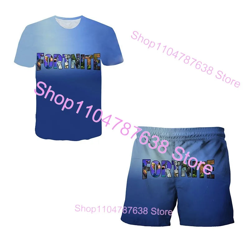 2-teiliges Set F-Fortnited Victory 3D-T-Shirt und Shorts für Kinder, Oberteile für Mädchen und Jungen, Battle-Royale-Kleidung, Harajuku-Tees, Hero-Kinder-T-Shirt