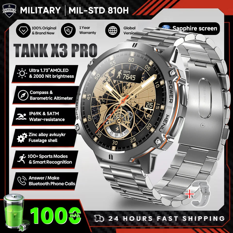2026 New Military TANK X3 Smartwatch für Herren, 1000mAh Akku, 10ATM wasserdicht zum Schwimmen, GPS-Route, 1.75" AMOLED HD, Anrufe, Sport-Smartwatch
