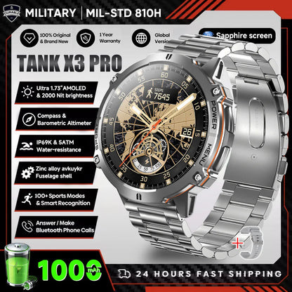 2026 New Military TANK X3 Smartwatch für Herren, 1000mAh Akku, 10ATM wasserdicht zum Schwimmen, GPS-Route, 1.75" AMOLED HD, Anrufe, Sport-Smartwatch