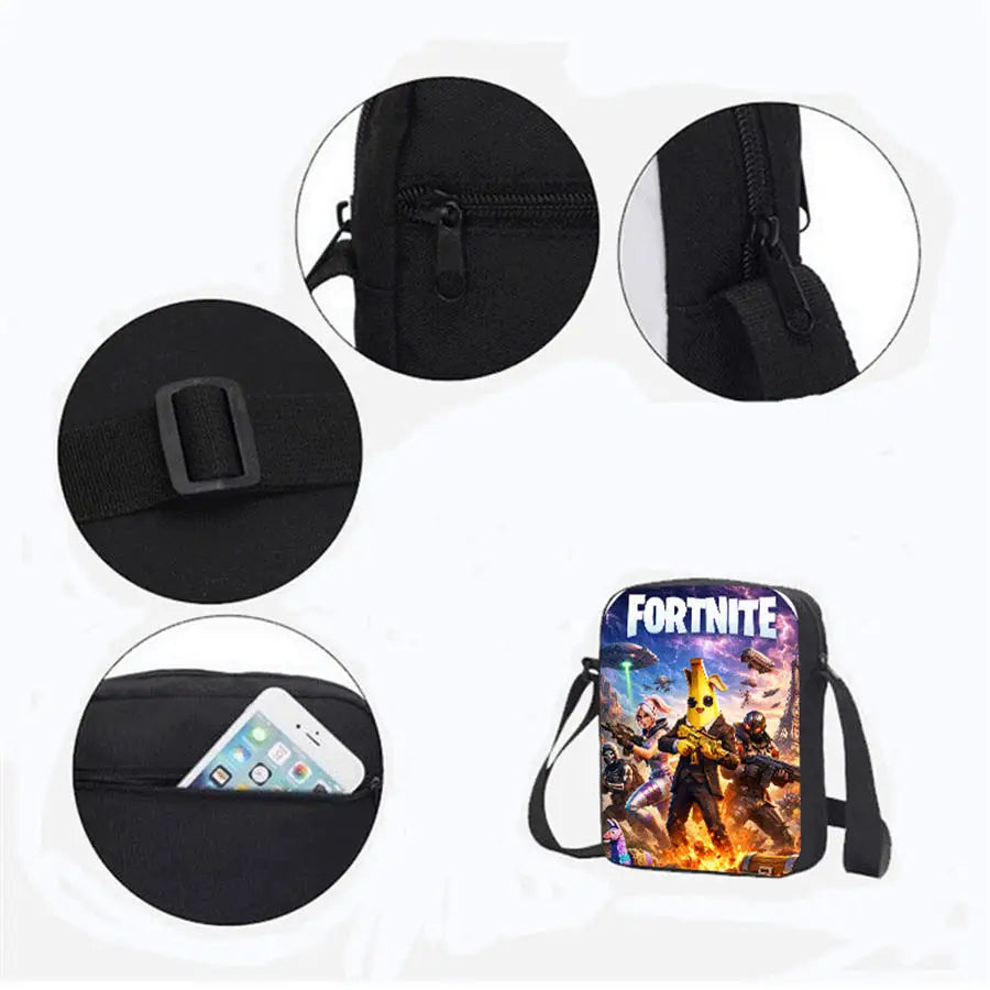 3-teiliges Kinder-Rucksack-Set, Umhängetasche & Federmäppchen, FORTNITE-Cartoon-Tasche, leicht, für Jungen und Mädchen von 6-10, kostenloser 3D-gedruckter Schlüsselanhänger