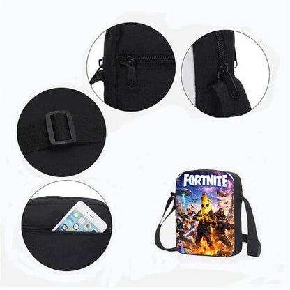 3-teiliges Kinder-Rucksack-Set, Umhängetasche & Federmäppchen, FORTNITE-Cartoon-Tasche, leicht, für Jungen und Mädchen von 6-10, kostenloser 3D-gedruckter Schlüsselanhänger
