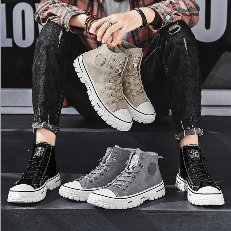 Men's Canvas Shoes High Top Casual Breathable Sports Shoes Gray Skateboarding Vulcanized Shoes Comfortable Sneakers 2025 New