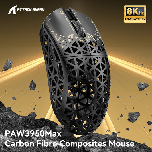 Mouse gaming wireless ATTACK SHARK R5 Ultra in fibra di carbonio 8K, 39g SUPERLIGHT, sensore gaming PixArt PAW3950MAX, polling wireless 8000Hz