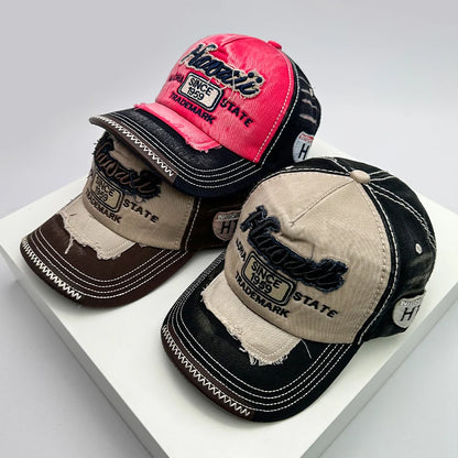 Koreanische Vintage-Waschung Baseballcaps für Herren und Damen aus Baumwolle, Snapback-Caps mit Stickerei, neue vielseitige Mode-Lettering-Freizeitcaps im Distressed-Look