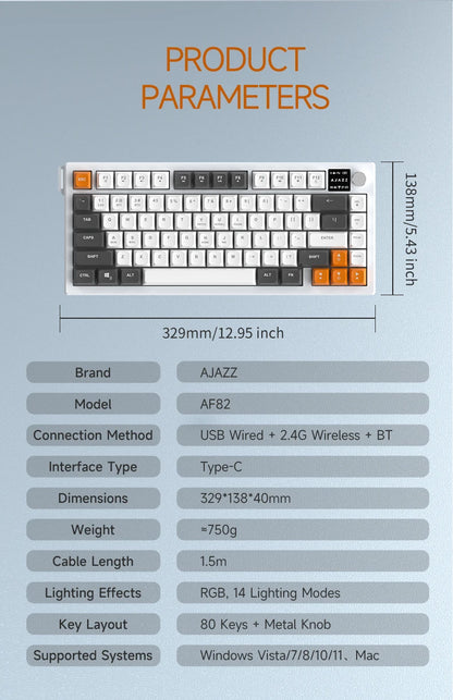 AJAZZ AF82 Office Low Profile Keyboard RGB Wired/Wireless Gaming Keyboard 75% Layout 82 keys 4000mAh Battery for Win/Mac